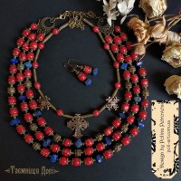 Комплект з 2-х намист і сережками з натуральним коралом і лазуритом та підвісами (згарди) "Таємниця Долі"