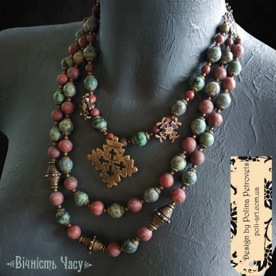 Комплект намисто і сережки з червоною яшмою і африканською бірюзою та підвісами (згардами) "Вічність Часу"