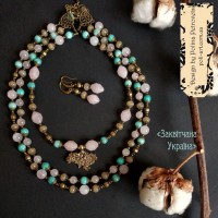 Комплект з 2-х  намист і сережками з рож. і тон. кварцу "Заквітчана Україна"