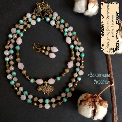 Комплект з 2-х  намист і сережками з рож. і тон. кварцу "Заквітчана Україна"
