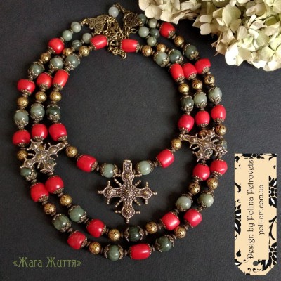 Комплект з 2-х  намист і сережками з коралами, яшми, лави і згардами "Жага Життя