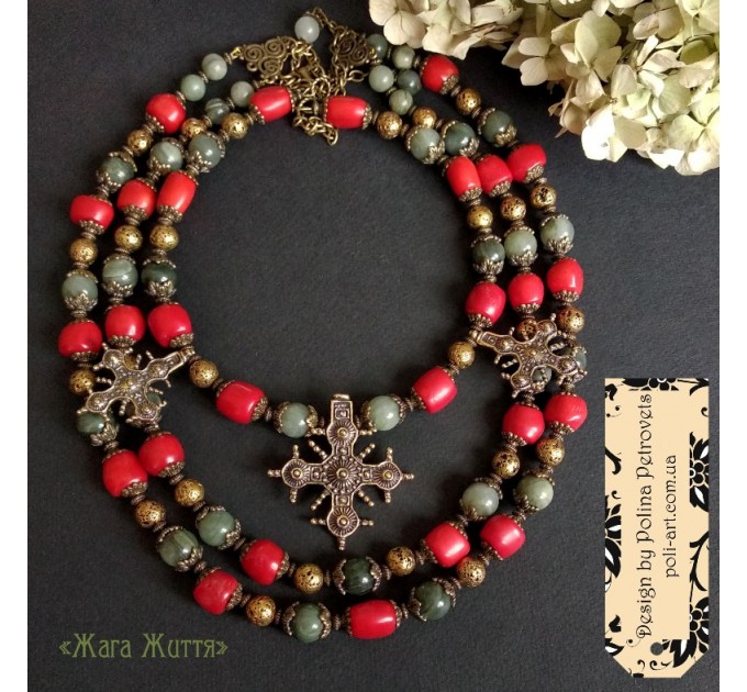 Комплект 2-х  намист і сережки з коралами, яшми і згардами 