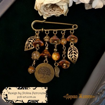 Брош з муранського скла ручної роботи, кварцу, агату та котячого ока "Дерево Життя"