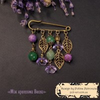 Брош з муранського скла ручної роботи, нефриту, кварцу та яшми "Між Краплями Весни"